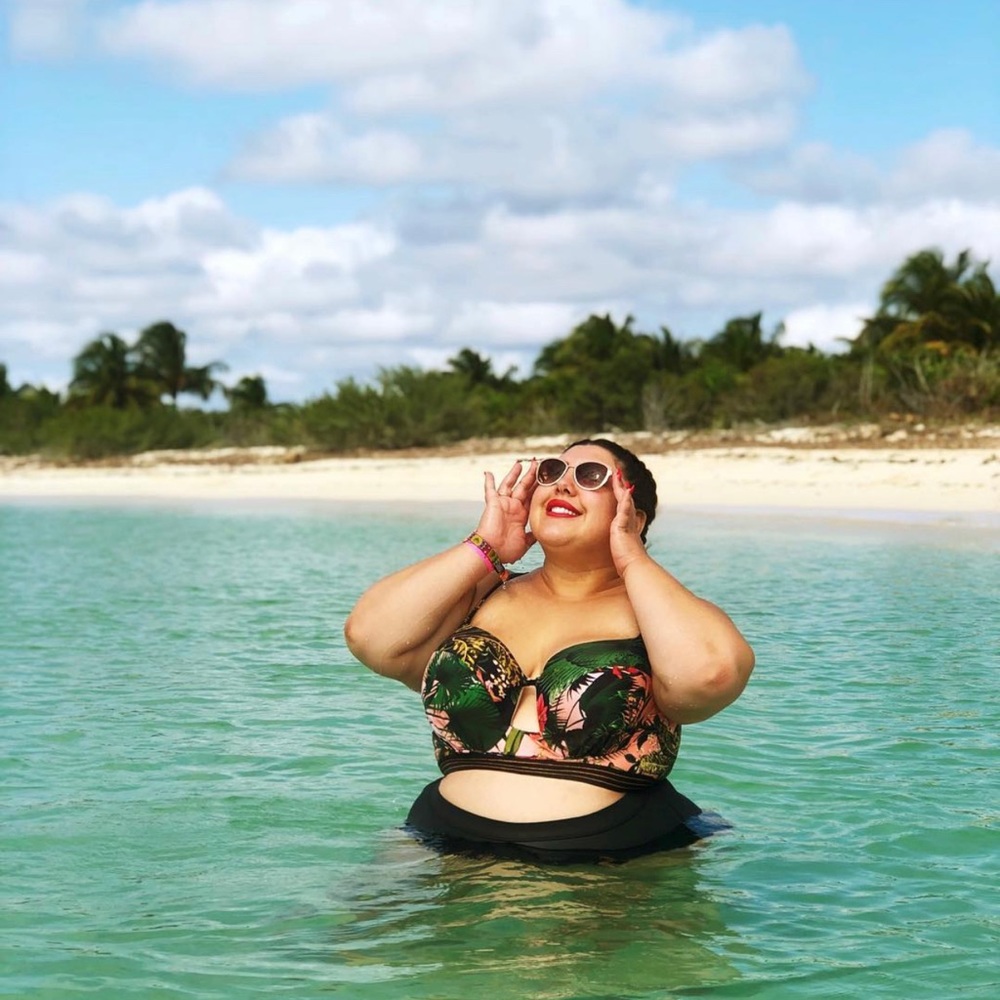Lane Bryant Tropical Swim Top with Gold Detailing & Cutout